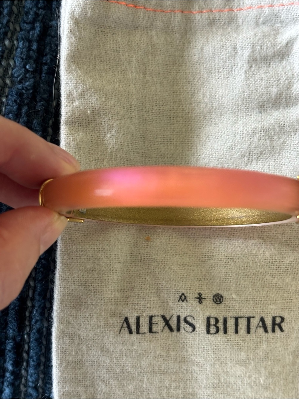 Rare color Iridescent New Alexis Bittar Peach Hinged Bracelet with Gold accents